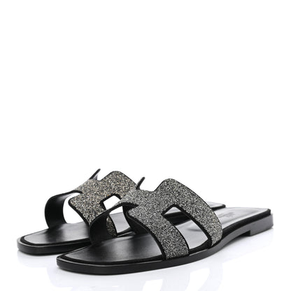 Hermes Suede Goatskin Crystal Powder Oran Sandals 38.5 Black 3 of 7