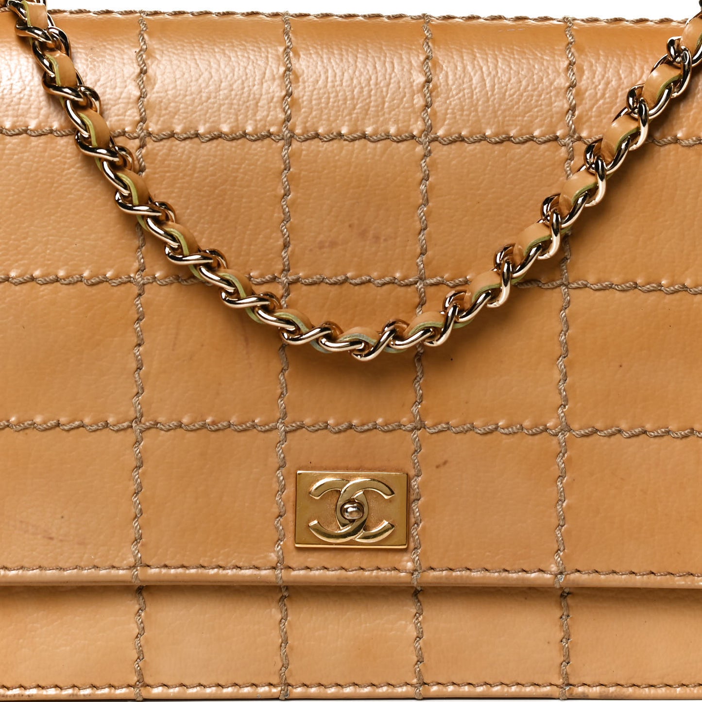Calfskin Square Stitched Wallet On Chain WOC Beige