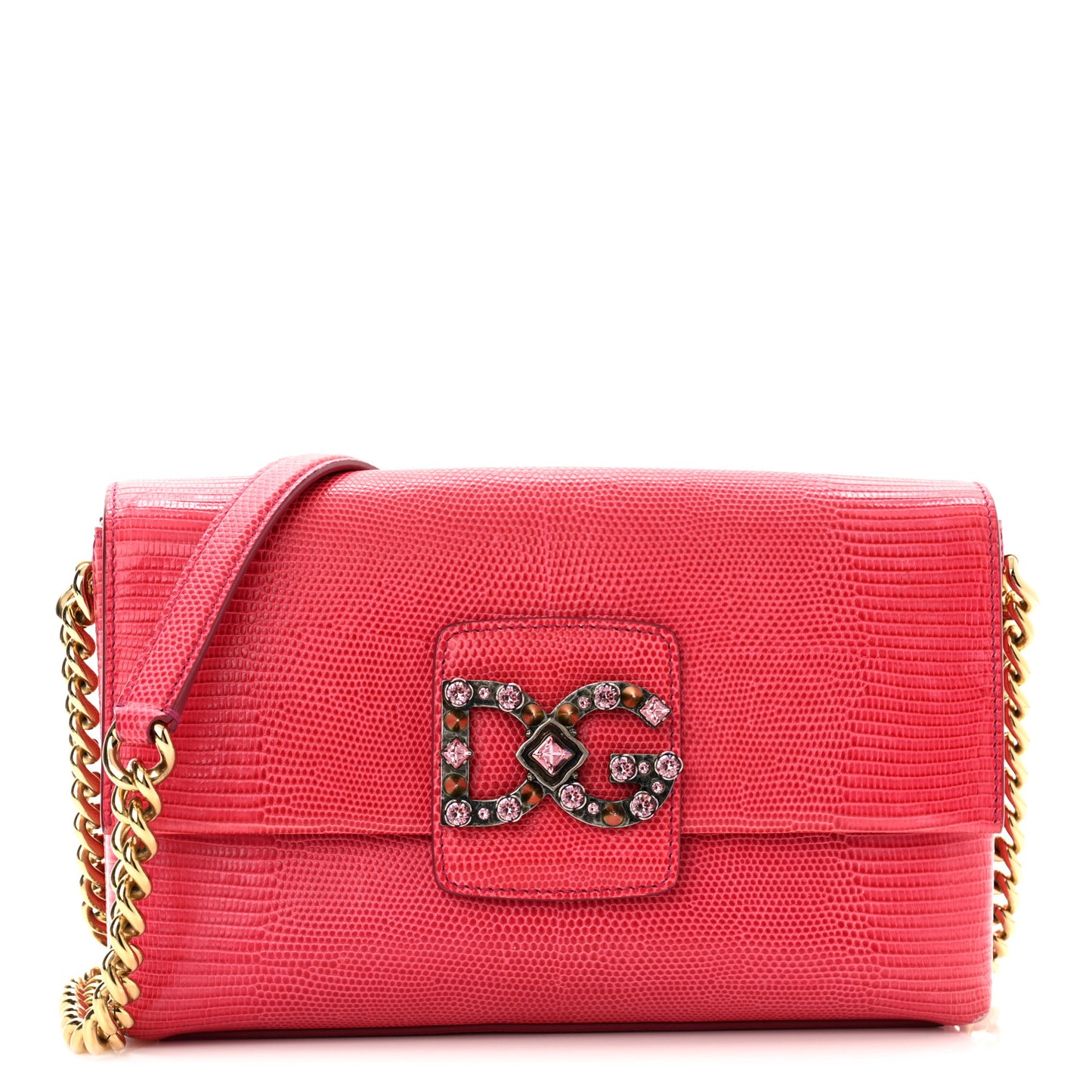 Stampa Iguana Calfskin Crystal Millennials Chain Shoulder Bag Pink