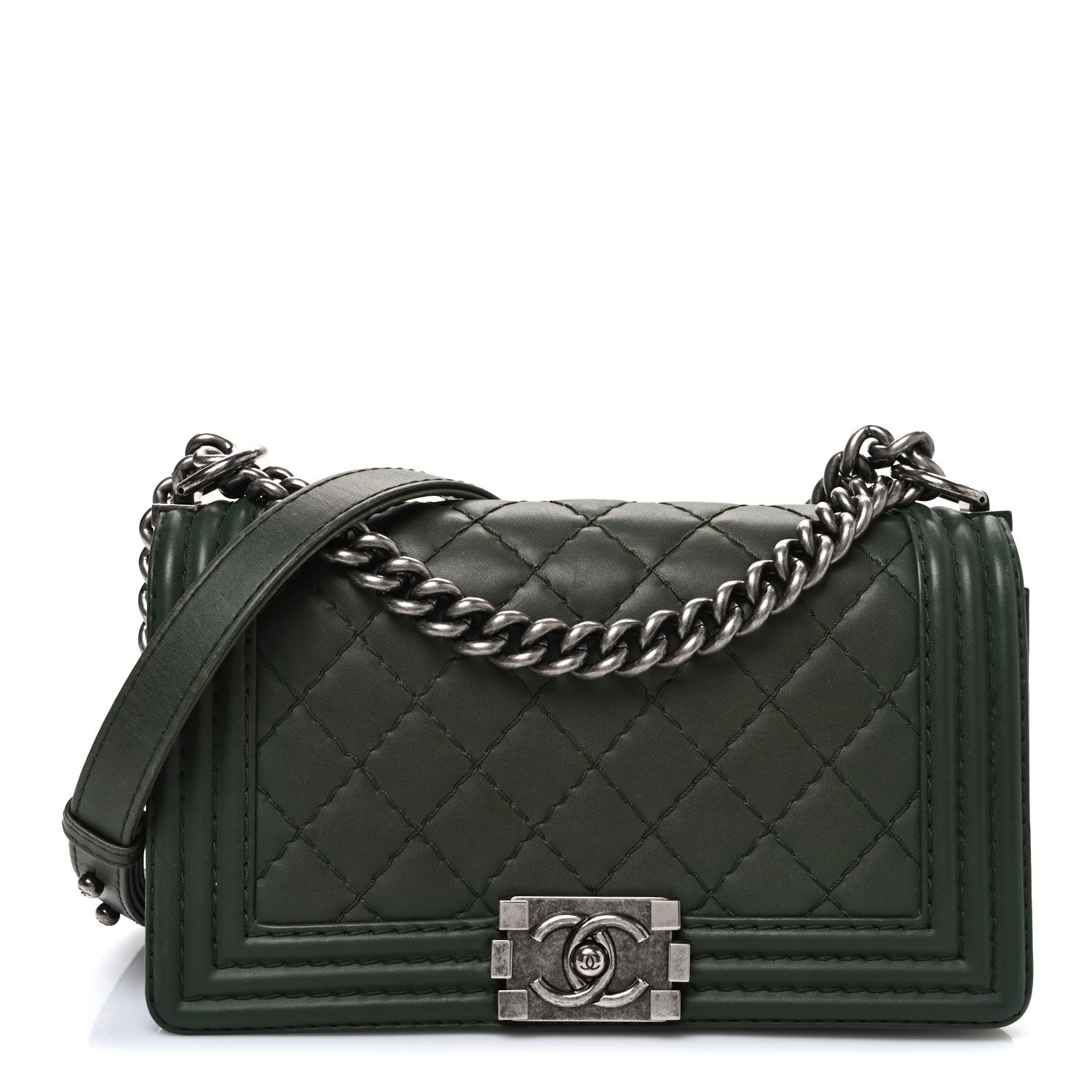 Chanel Calfskin Quilted Double Stitch Medium Boy Flap Green 1 of 12