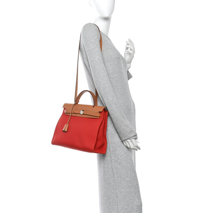Hermes Vache Hunter Toile Herbag Zip 31 PM Rouge Tomate Natural 3 of 21