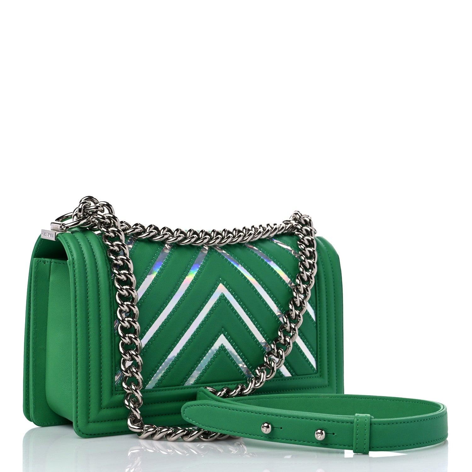 Chanel Lambskin Iridescent PVC Chevron Quilted Medium Boy Flap Green Silver 3 of 11