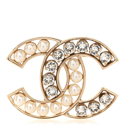 Chanel Pearl Crystal CC Brooch Gold Pearly White 1 of 4