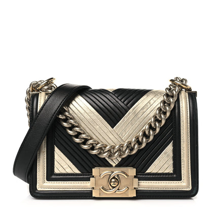 Chanel Metallic Calfskin Pleated Small Boy In Rome Flap Black Gold 1 of 10