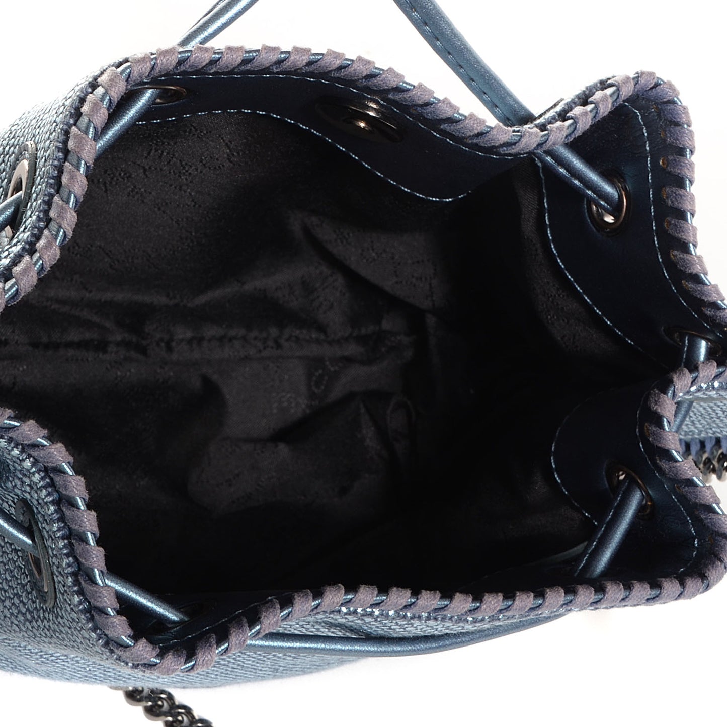 Raffia Woven Mini Bucket Falabella Bag Metallic Blue