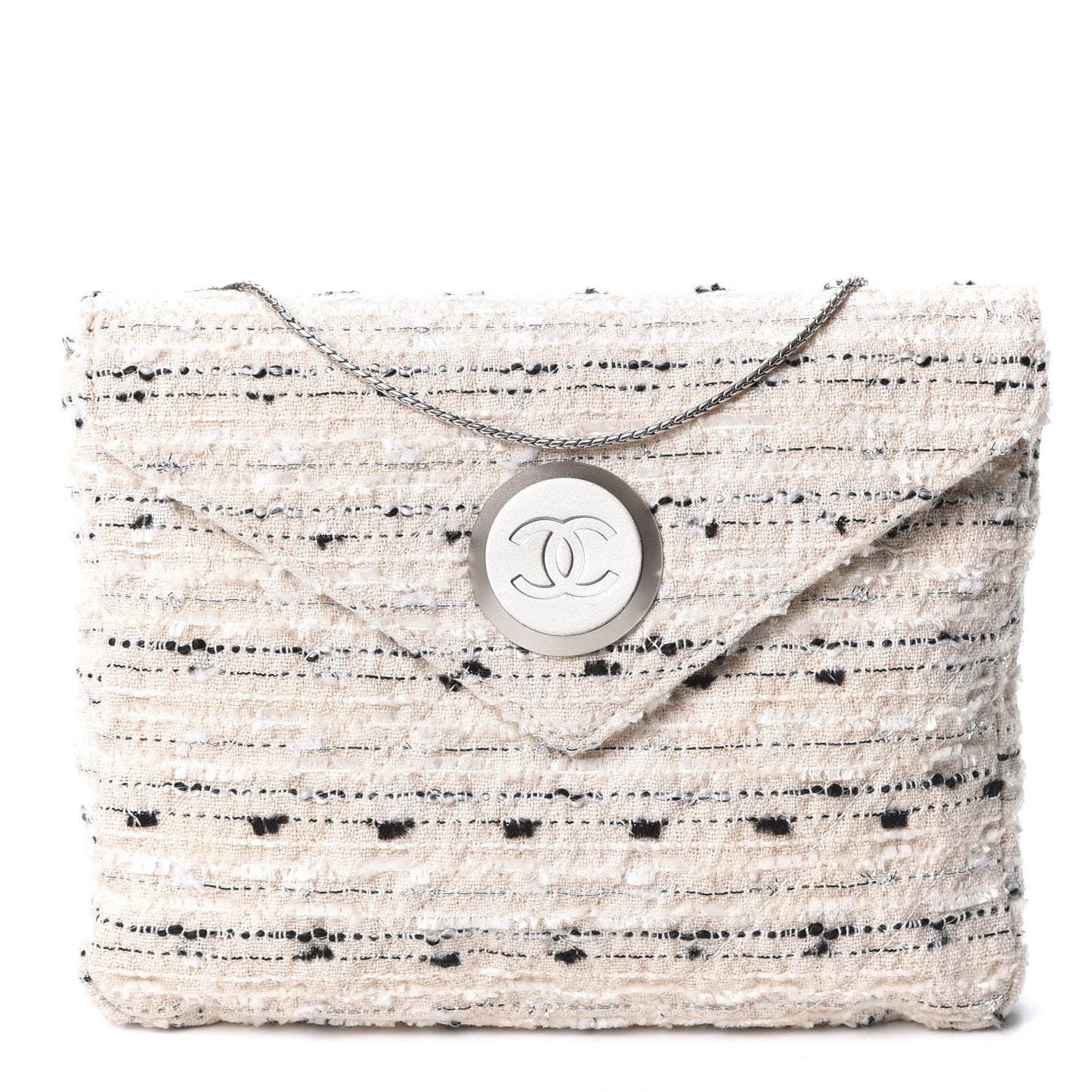 Tweed Quilted Envelope Chain Clutch White