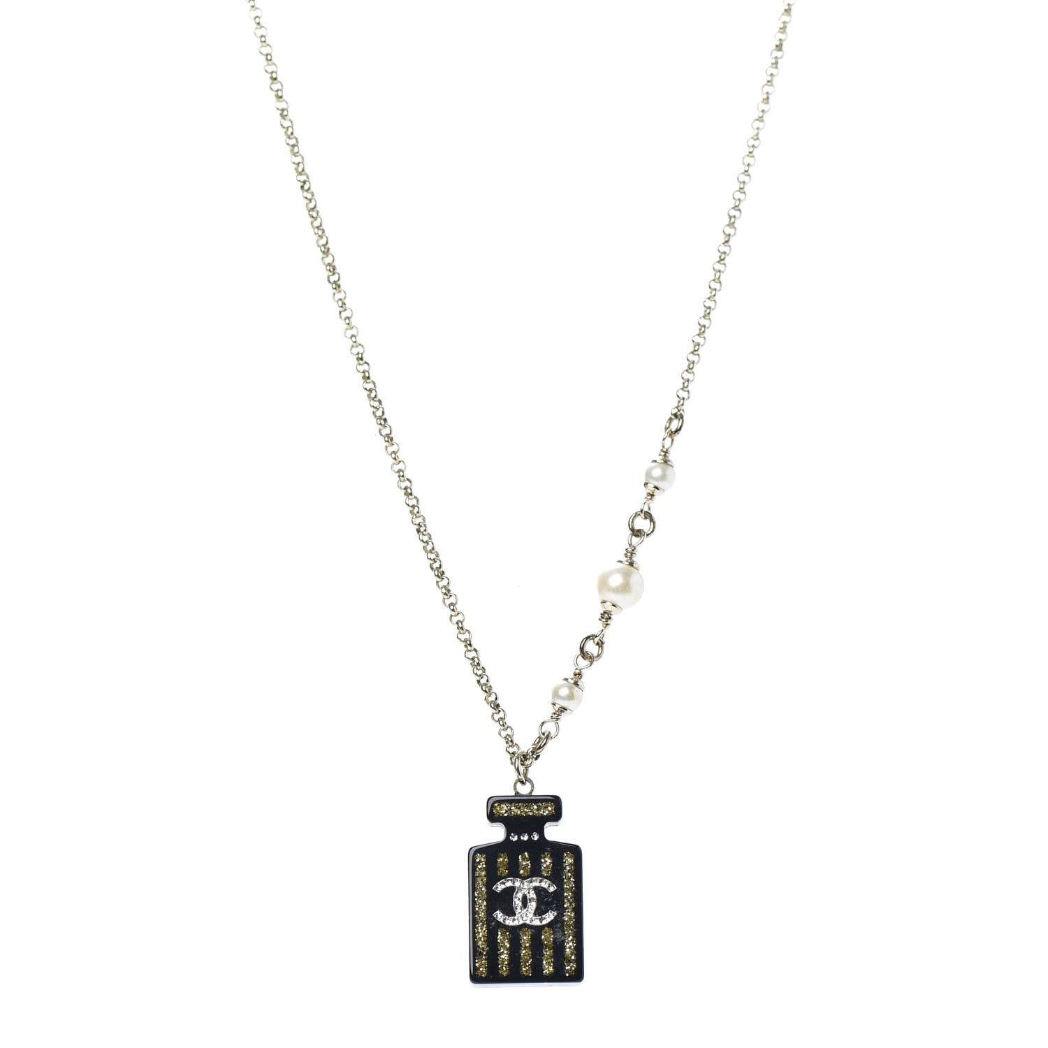 Chanel Resin Strass Perfume Bottle CC Necklace Black Gold 1 of 5