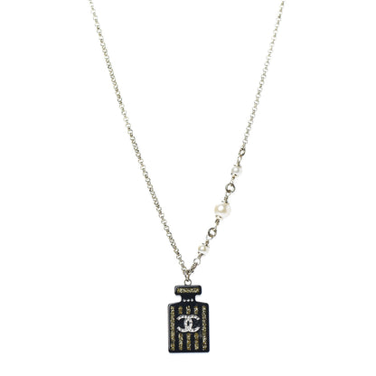 Chanel Resin Strass Perfume Bottle CC Necklace Black Gold 1 of 5