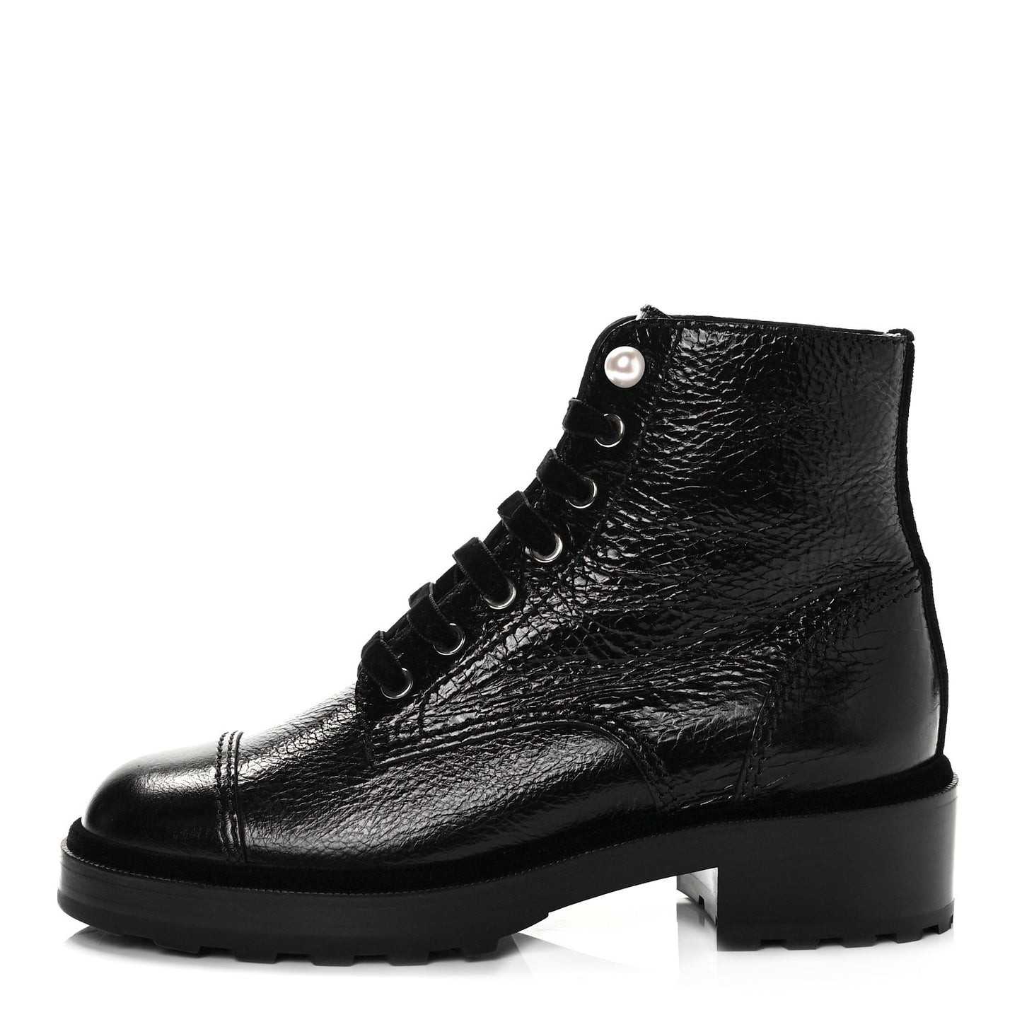 Shiny Calfskin Velvet Pearl Combat Short Boots 38.5 Black