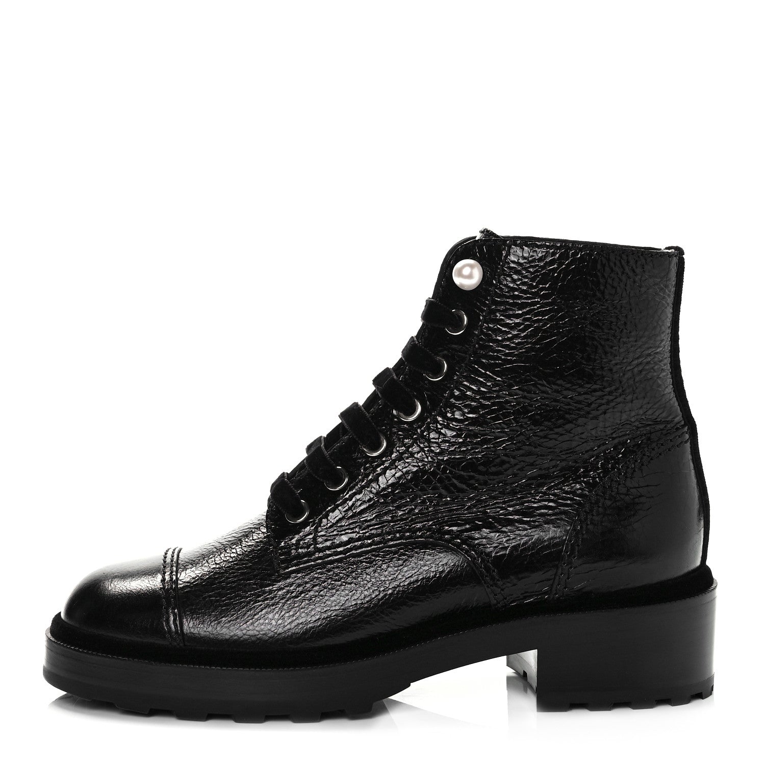 Chanel Shiny Calfskin Velvet Pearl Combat Short Boots 38.5 Black 1 of 8