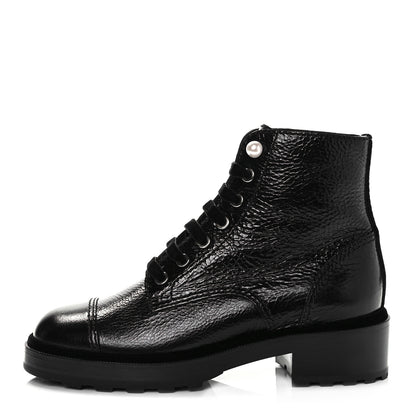 Chanel Shiny Calfskin Velvet Pearl Combat Short Boots 38.5 Black 1 of 8