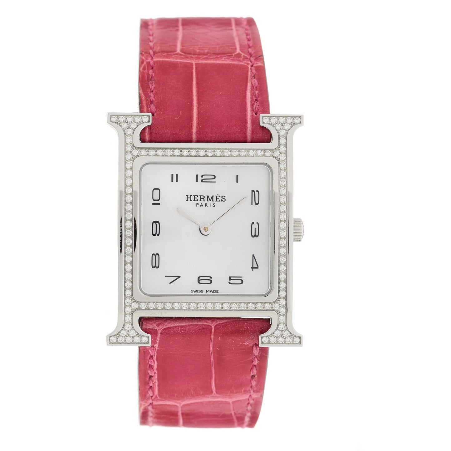 Stainless Steel Alligator Diamond Bezel Mother of Pearl 26mm Heure H Hour Quartz Watch Framboise