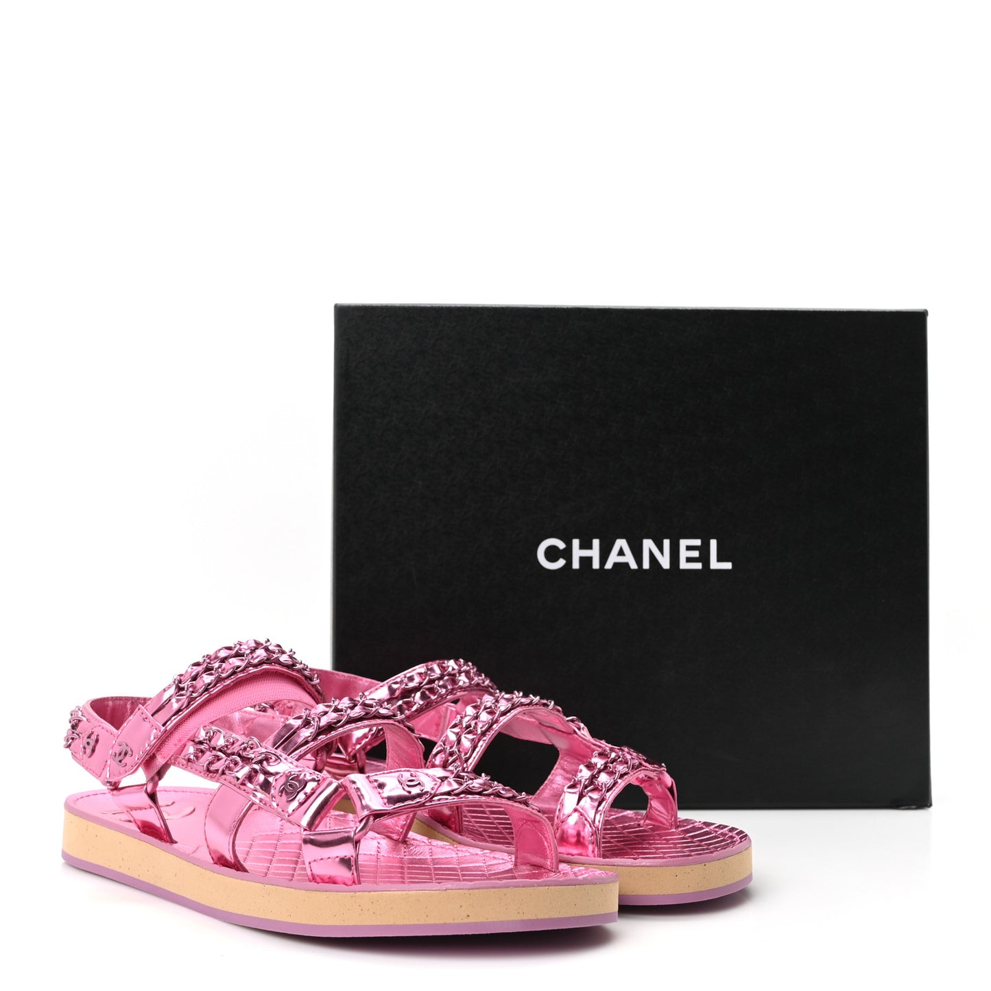 Metallic Laminated Goatskin Chain Flat Sandals 41 Pink