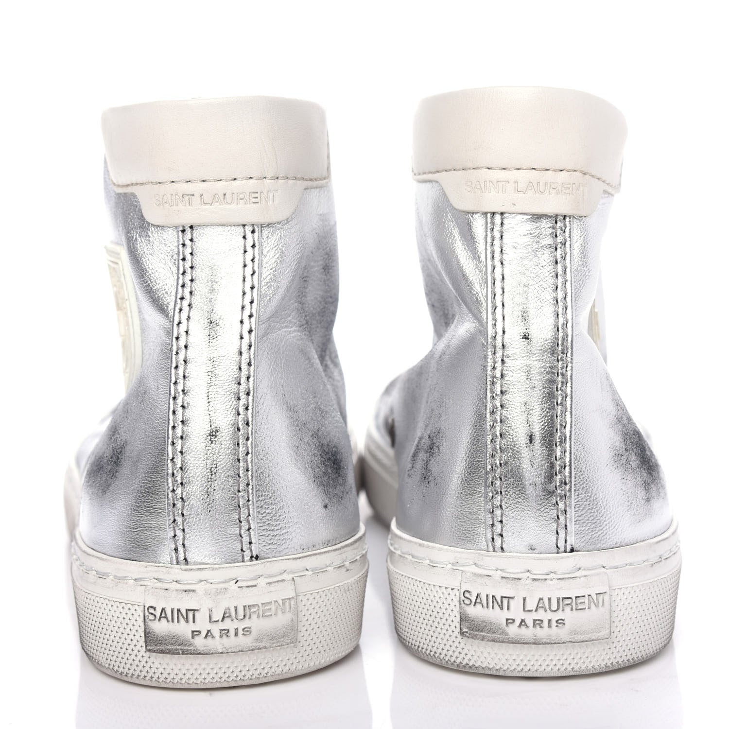 Saint Laurent Distressed Calfskin Bedford Logo-Appliqued Hightop Sneakers 40 Argento Cream White 7 of 11