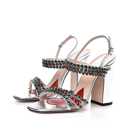 Gucci Nappa Silk Crystal Bertie High Heel Sandals 37.5 Argento 3 of 9