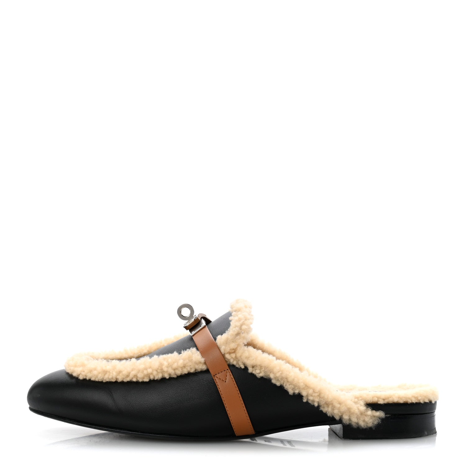Hermes Shearling Calfskin Womens Oz Mules 40.5 Naturel Black 1 of 11