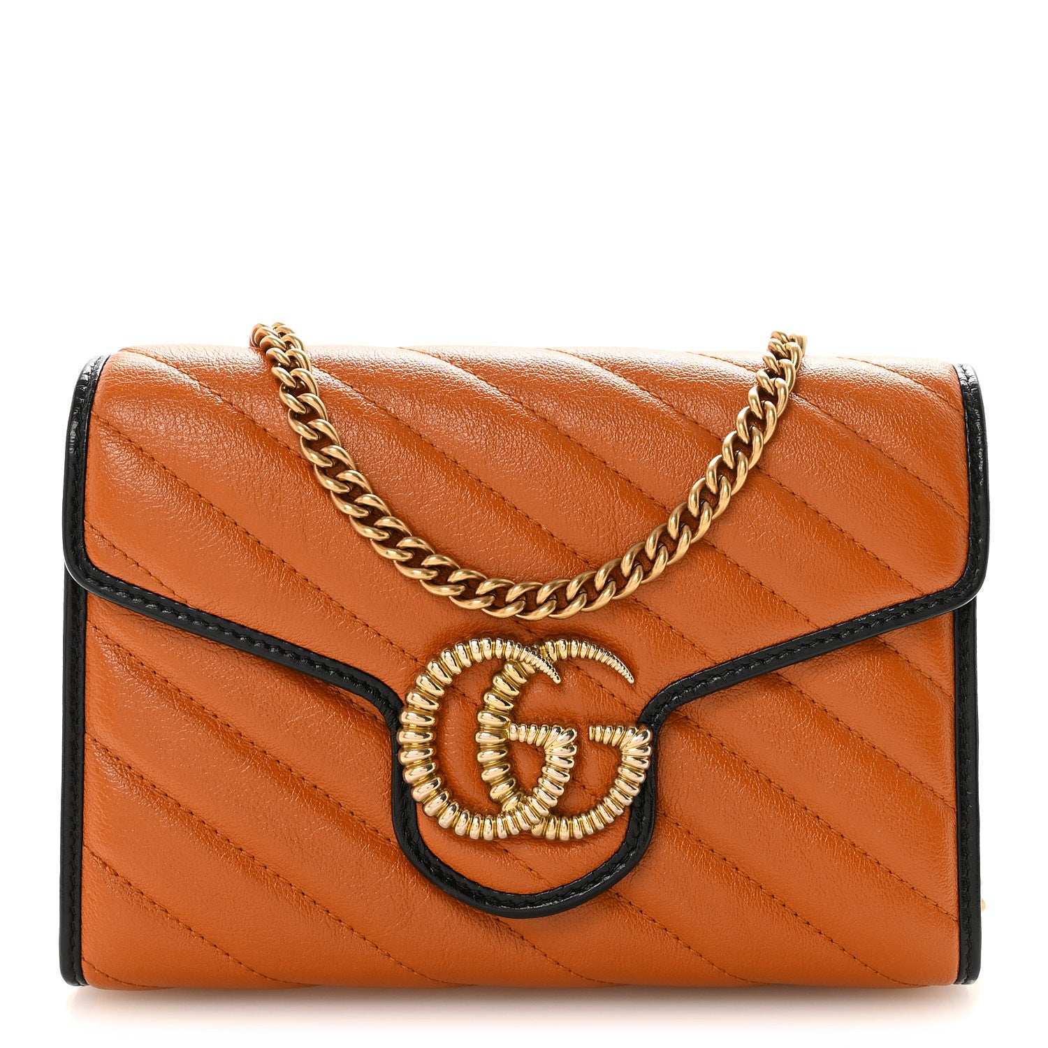 Gucci Vintage Effect Calfskin Matelasse Diagonal Torchon GG Marmont Chain Wallet Cognac 1 of 10