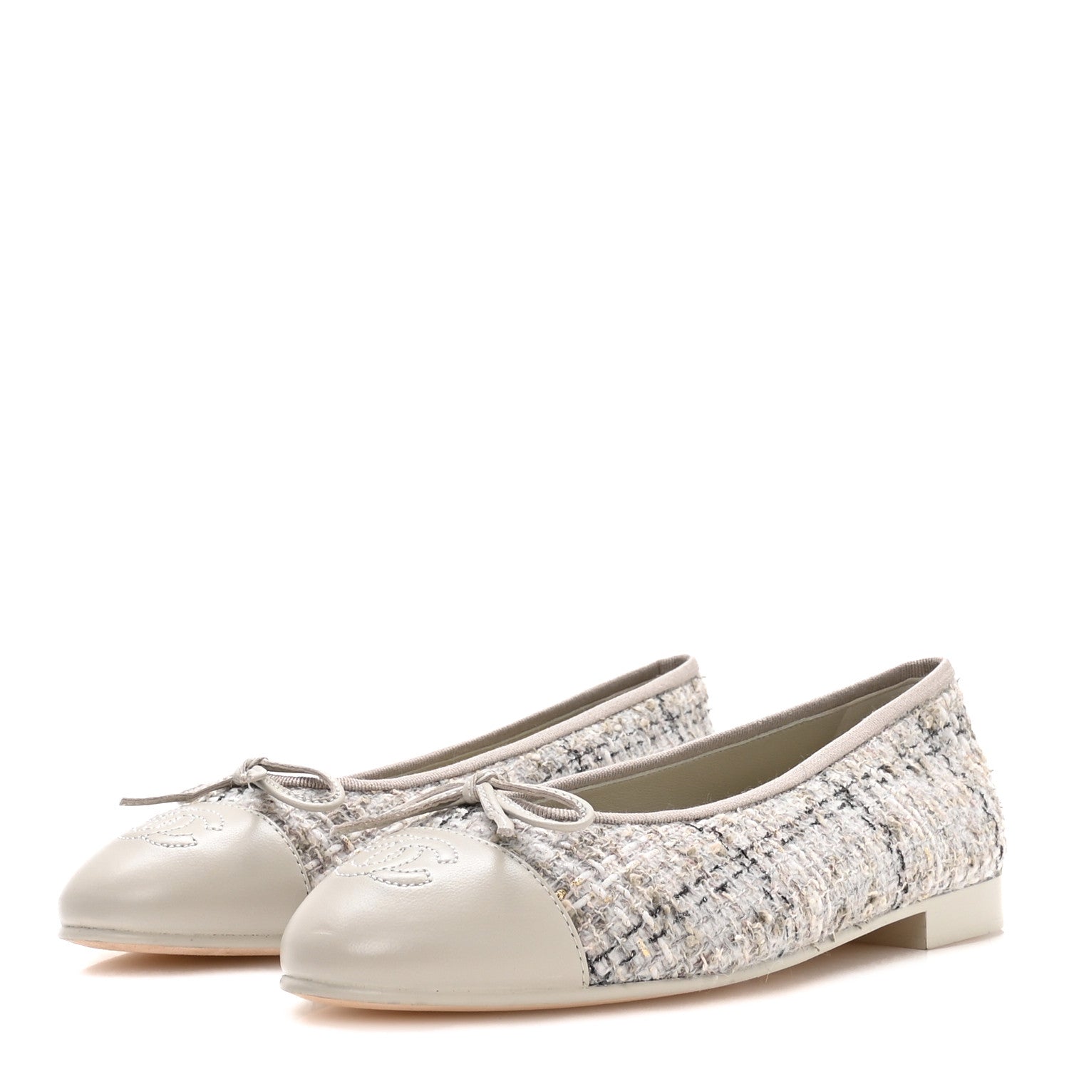 Chanel Wool Cotton Tweed Lambskin Cap Toe Ballerina Flats 37.5 Gray Black Gold 4 of 9