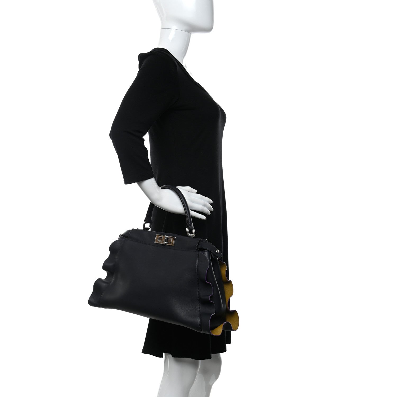 Fendi Vitello Seta Waves Bi-Color Medium Peekaboo Iconic Satchel Blue Notte Mostarda 2 of 20