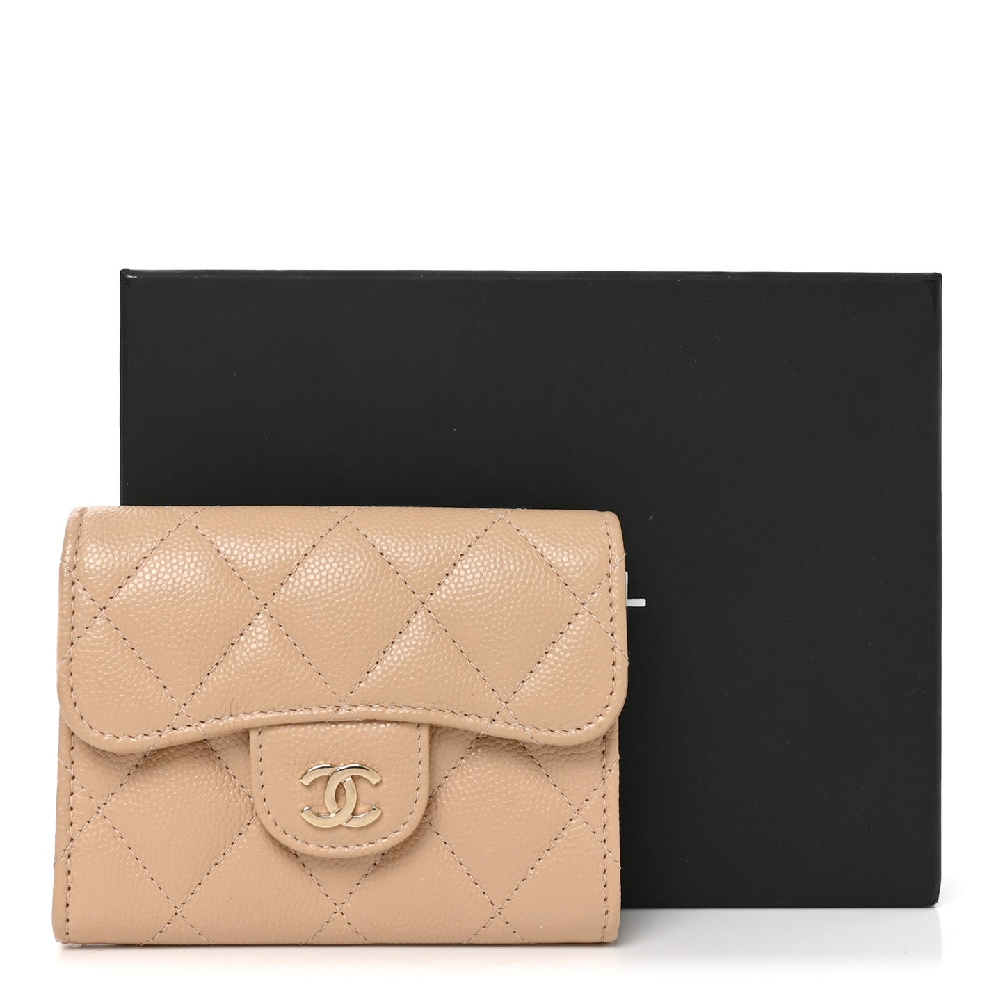 Caviar Quilted Flap Card Holder Wallet Beige