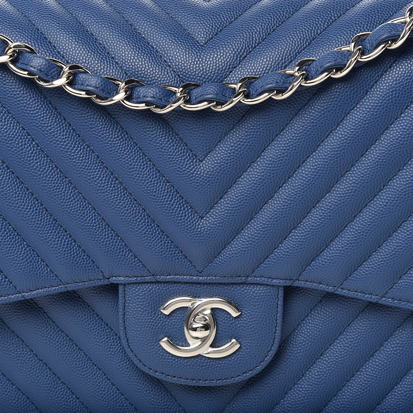 Caviar Chevron Quilted Jumbo Double Flap Blue