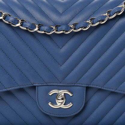 Chanel Caviar Chevron Quilted Jumbo Double Flap Blue 11 of 14