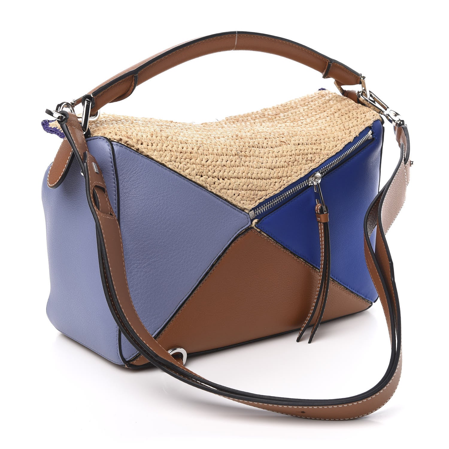 Loewe Calfskin Raffia Paula's Ibiza Medium Puzzle Bag Blue Tan 4 of 10