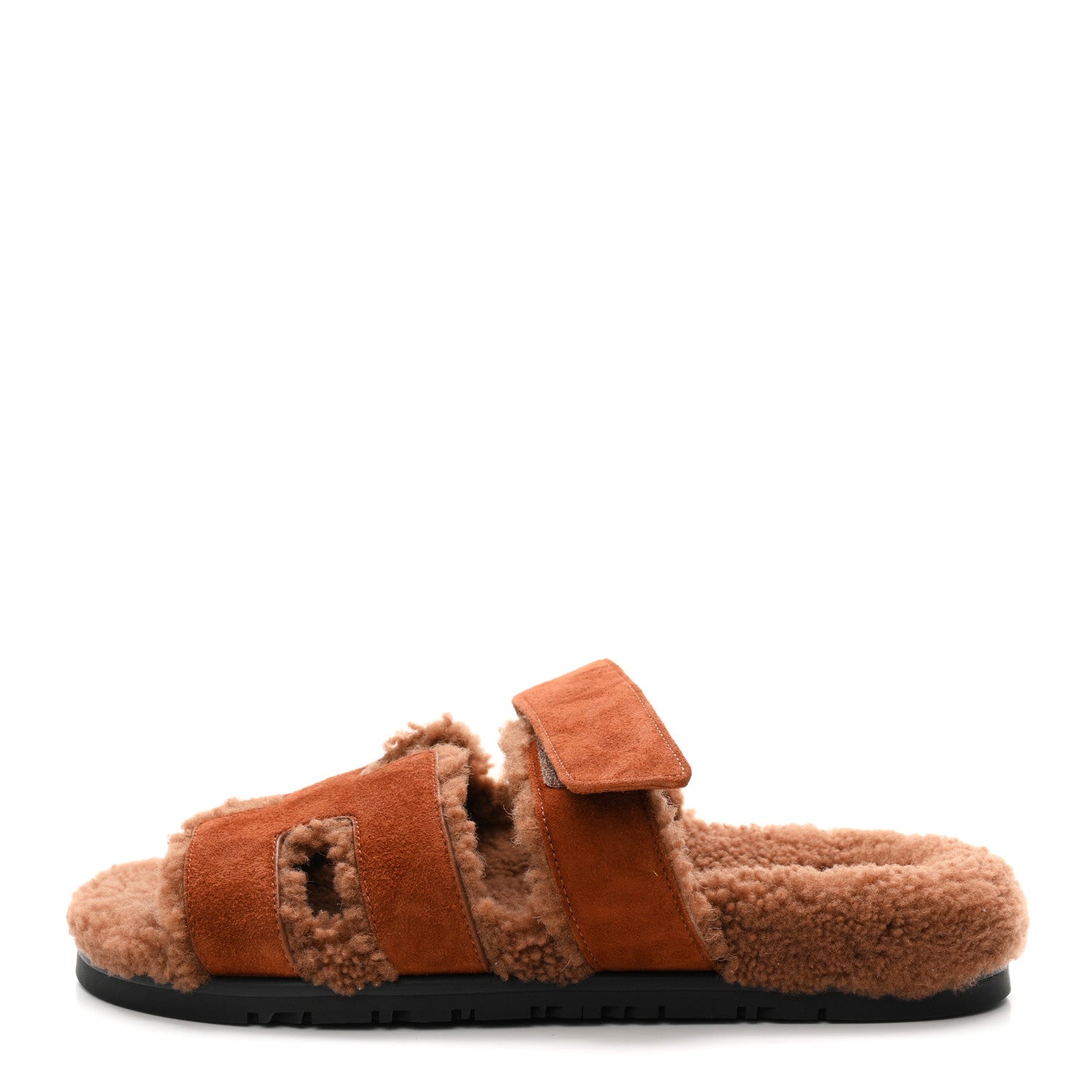 Hermes Suede Goatskin Shearling Womens Chypre Sandals 38 Gold 1 of 8