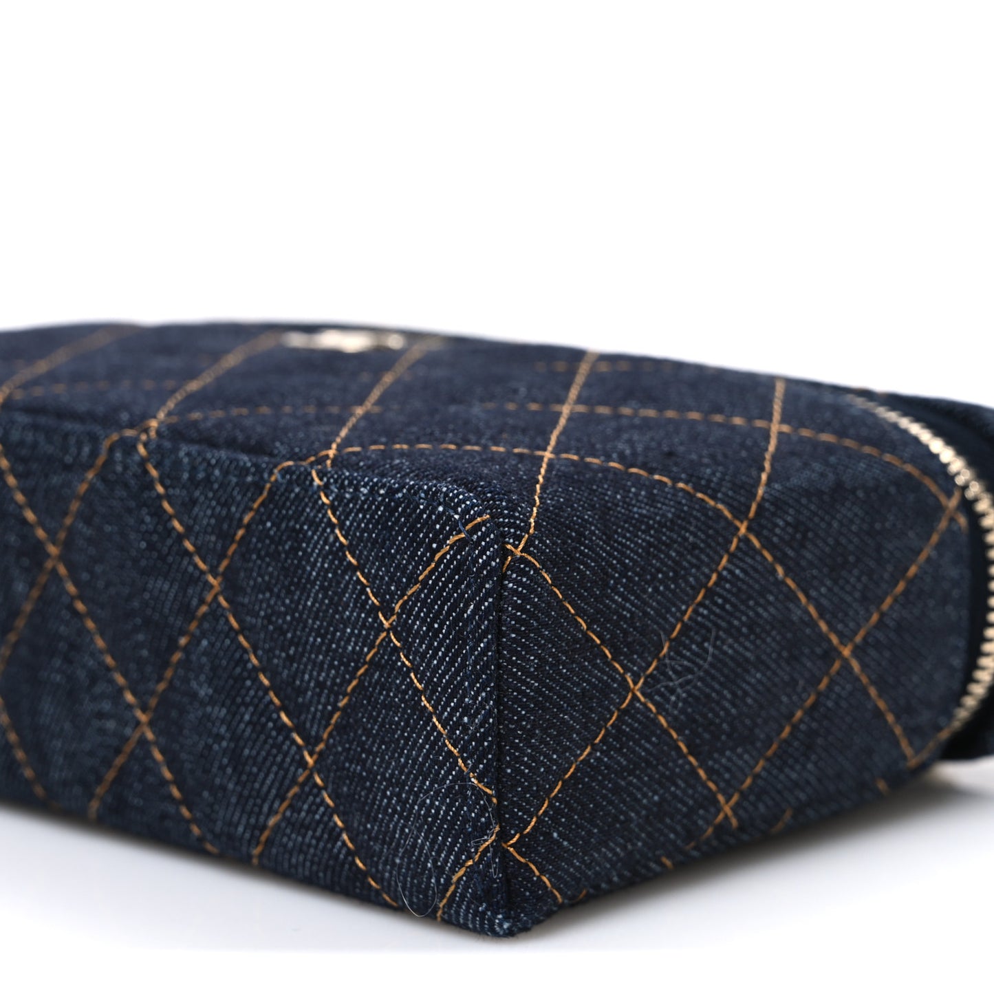 Denim Quilted Top Handle Slim Vanity Case With Chain Dark Blue Orange