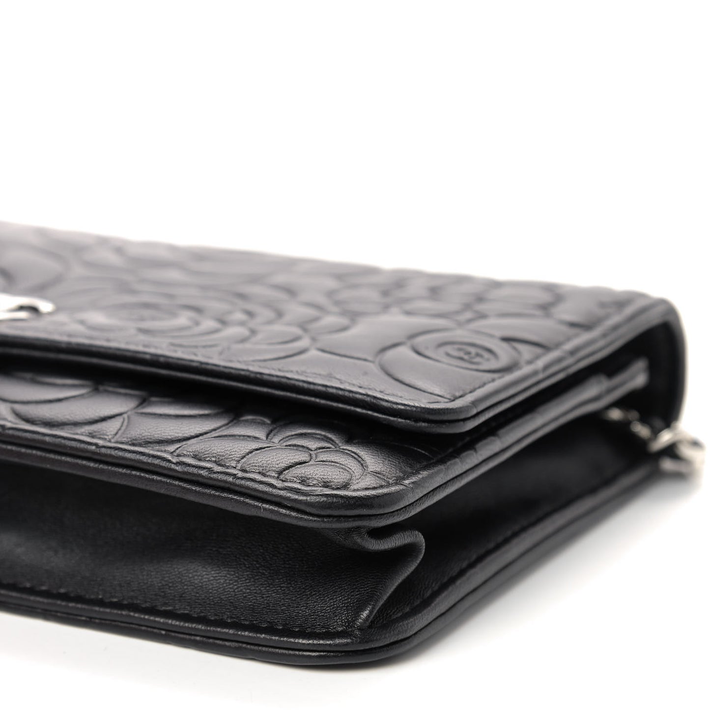 Lambskin Camellia Embossed Wallet on Chain WOC Black