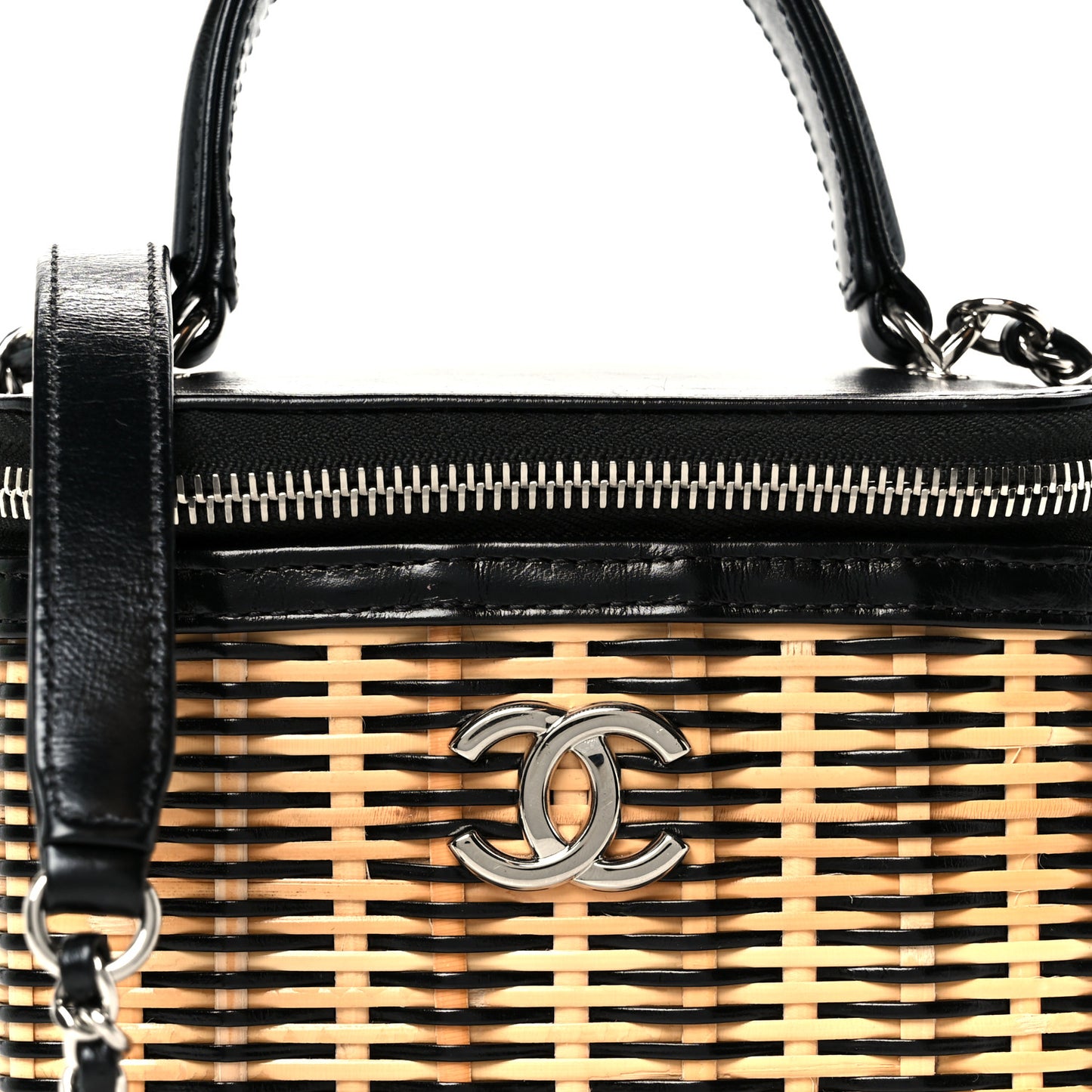 Calfskin Raffia Small Vanity Case Bag Black Beige