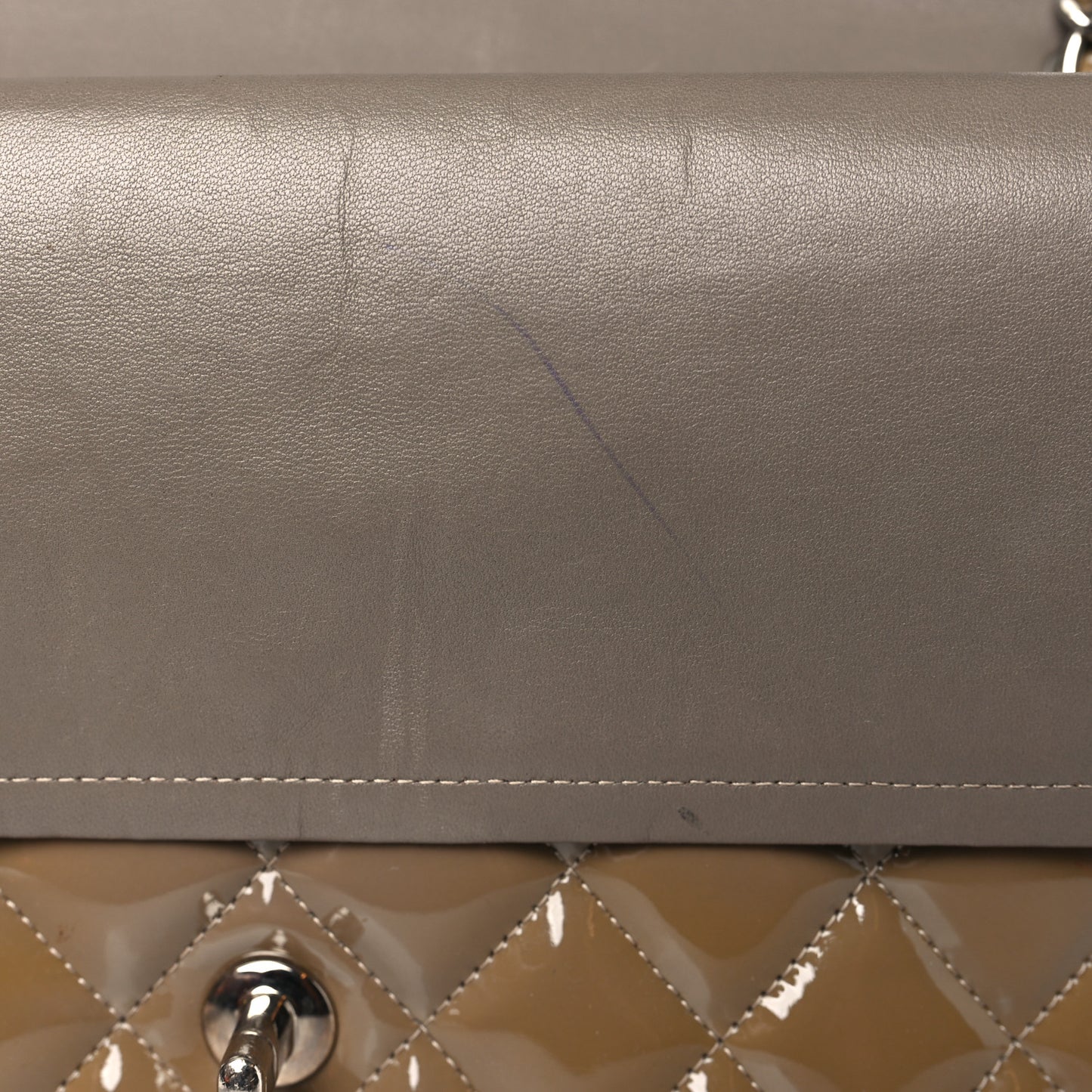 Patent Calfskin Quilted Jumbo Double Flap Grey