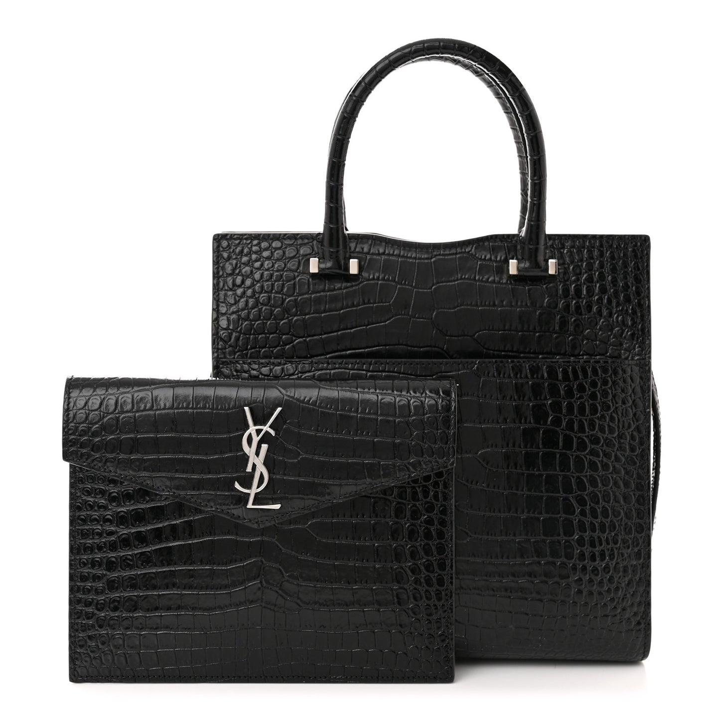 Calfskin Crocodile Embossed Small Uptown Tote Black