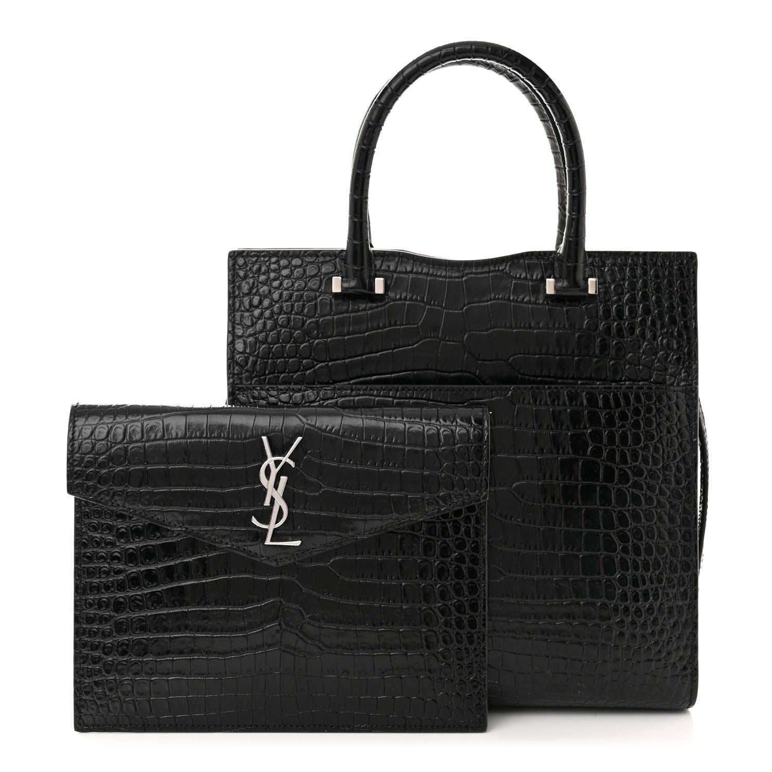 Saint Laurent Calfskin Crocodile Embossed Small Uptown Tote Black 1 of 16