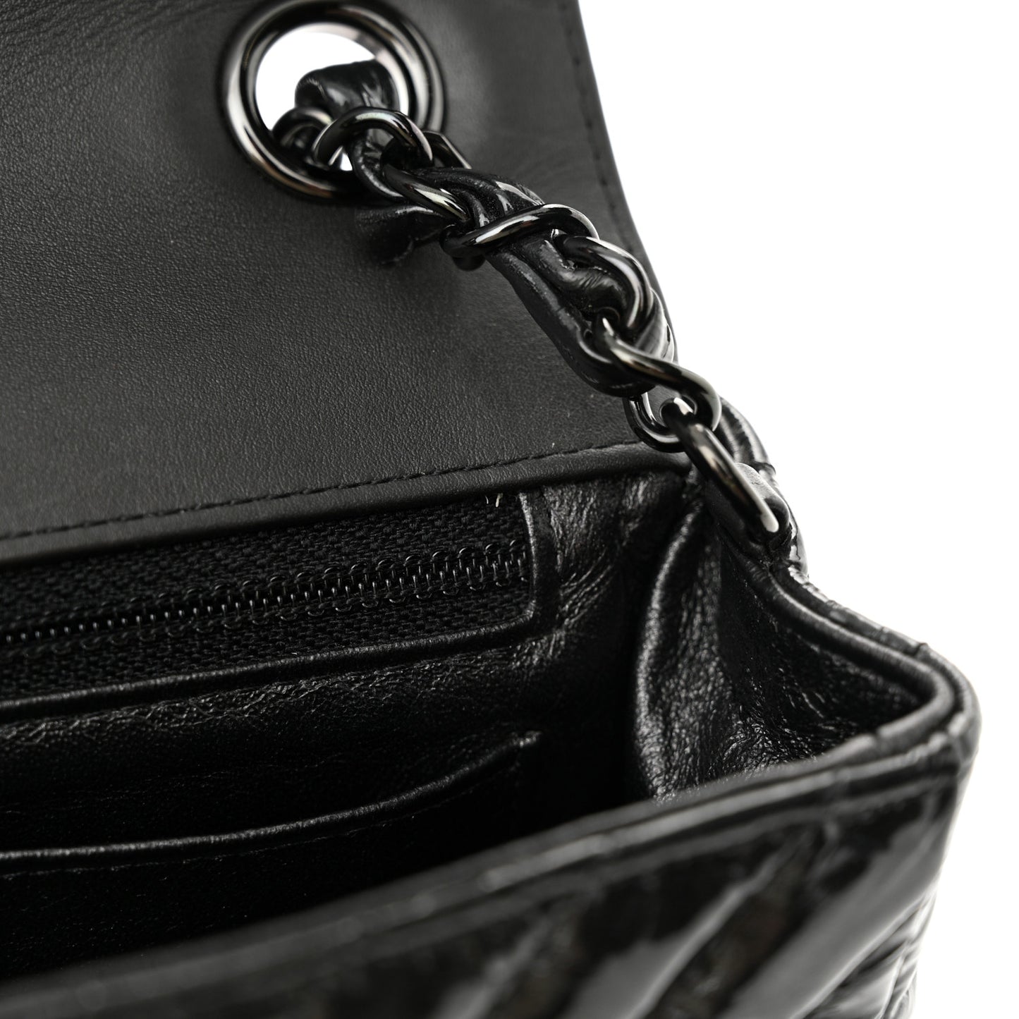 Patent Metallic Crumpled Calfskin Chevron Quilted Mini Rectangular Flap So Black