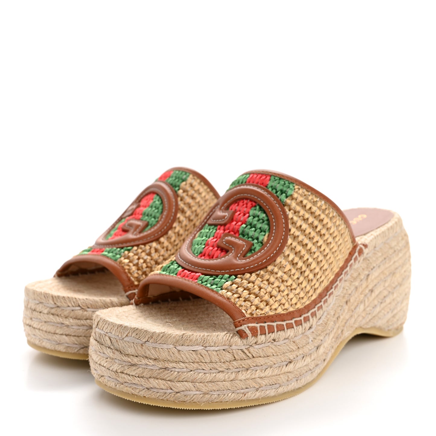 Raffia Harness Calfskin Interlocking G Espadrille Wedge Sandals 37 Palmi Naturale Harness Brown Red Green