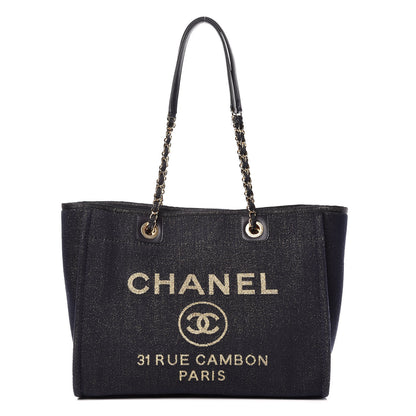 Chanel Lurex Canvas Small Deauville Tote Navy Blue Gold 1 of 10