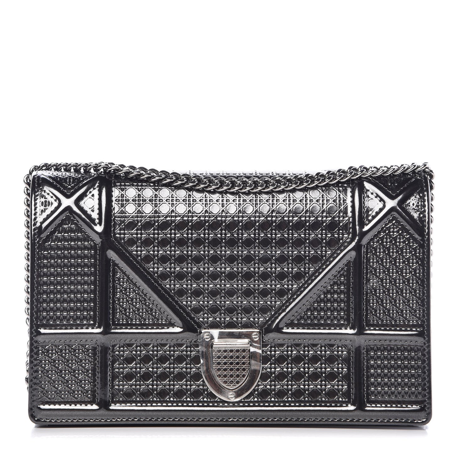 Metallic Patent Micro-Cannage Diorama Wallet on Chain Pouch Black