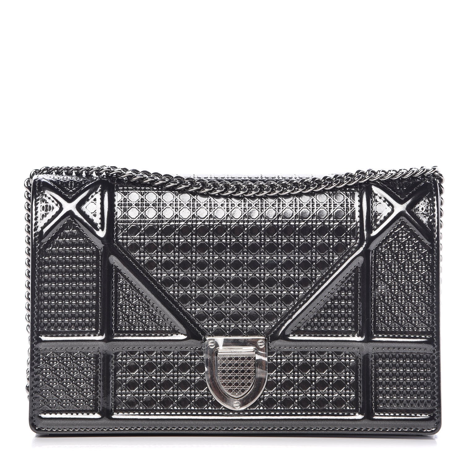 Christian Dior Metallic Patent Micro-Cannage Diorama Wallet on Chain Pouch Black 1 of 9