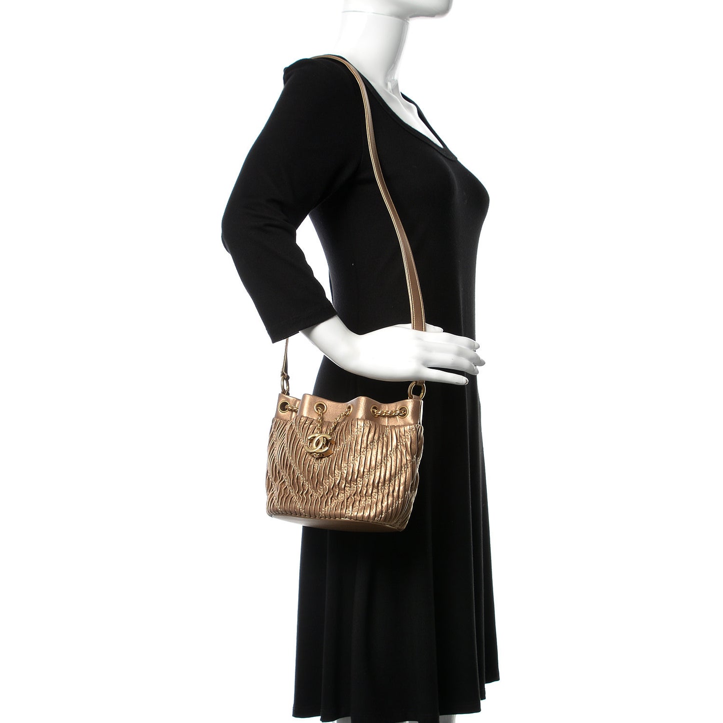 Metallic Lambskin Coco Pleats Small Drawstring Bag Gold