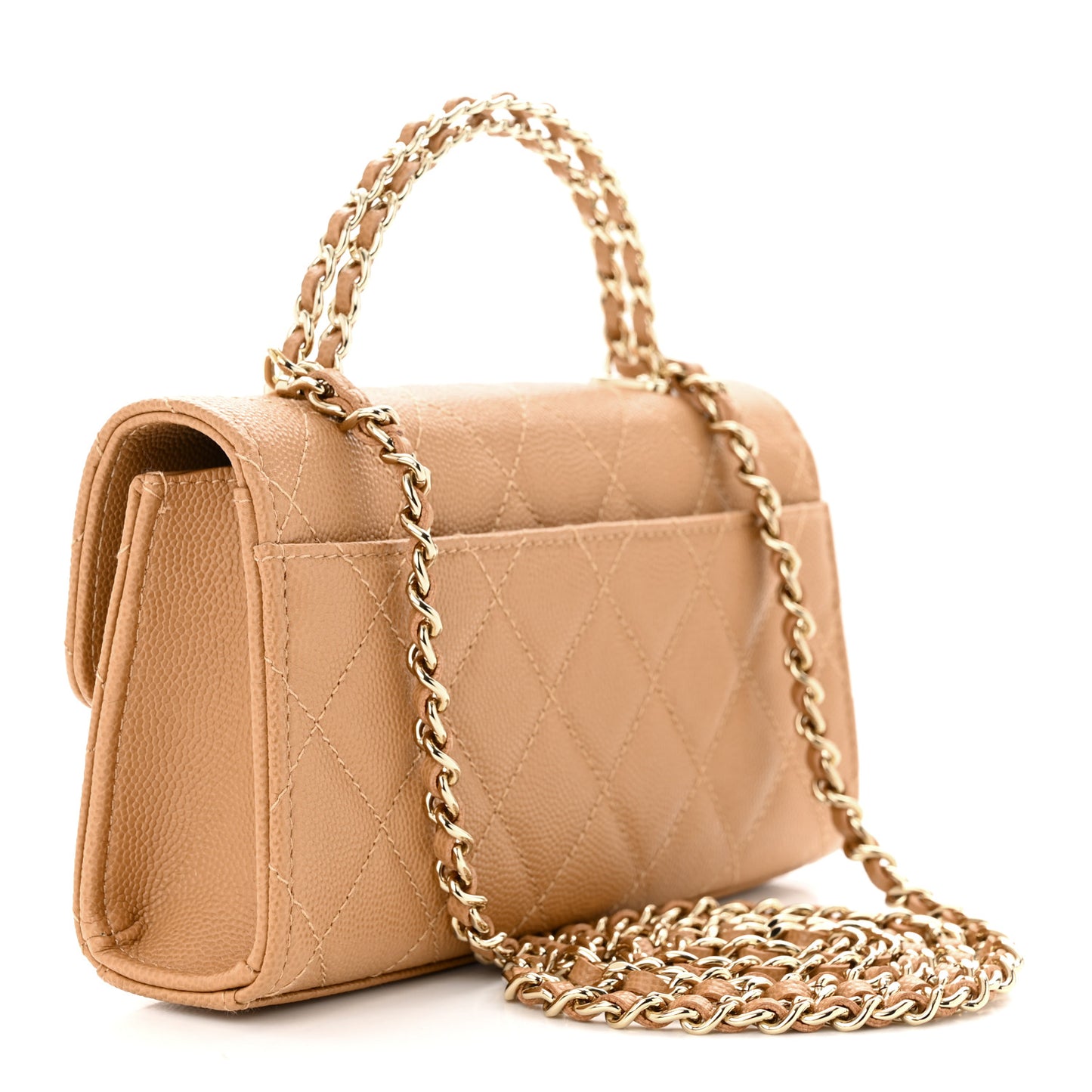 Caviar Quilted Chain Match Top Handle Phone Holder With Chain Beige