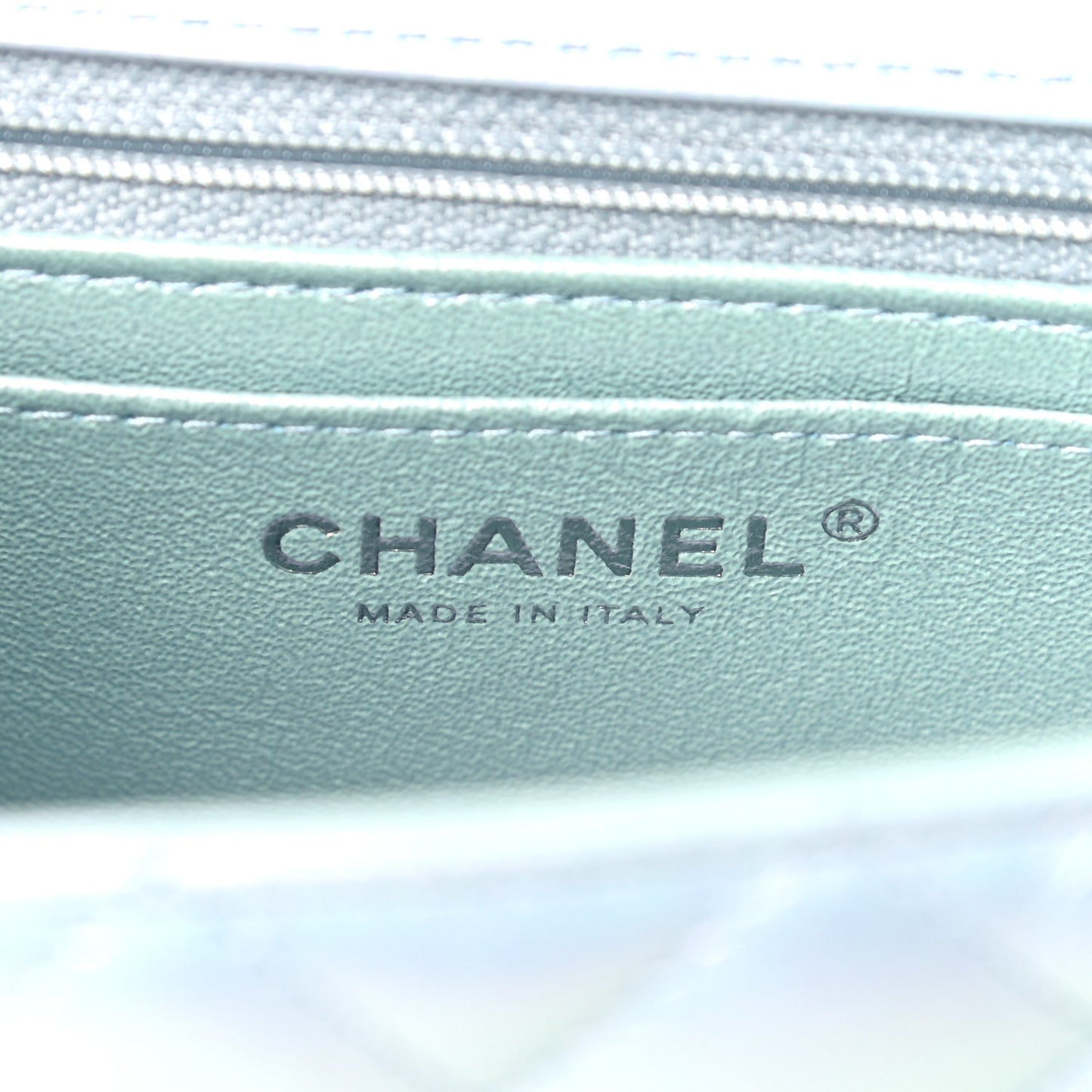 Iridescent Calfskin Quilted Mini Rectangular Flap Light Blue