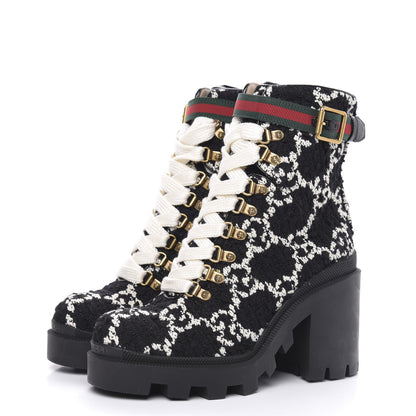 Gucci Tweed GG Monogram Lace Up Combat Ankle Boots 37 Black 3 of 8
