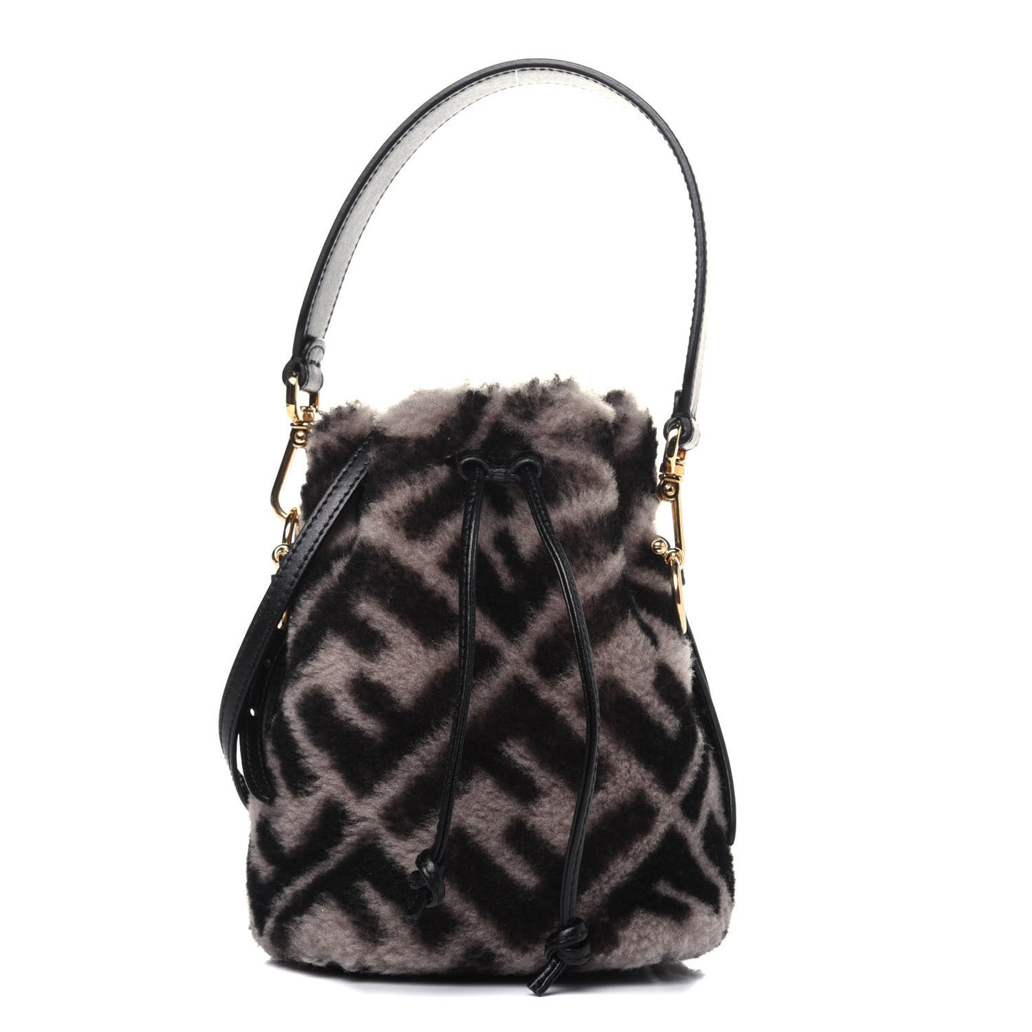 Shearling F is Fendi Macro FF 1974 Diagonal Mini Mon Tresor Bucket Bag Dove Black