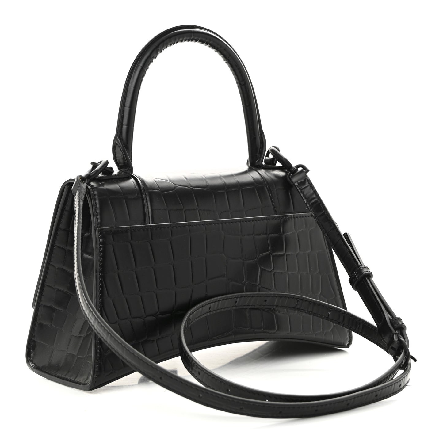 Semi Matte Calfskin Monochrome Crocodile Embossed Small Hourglass Top Handle Bag Black