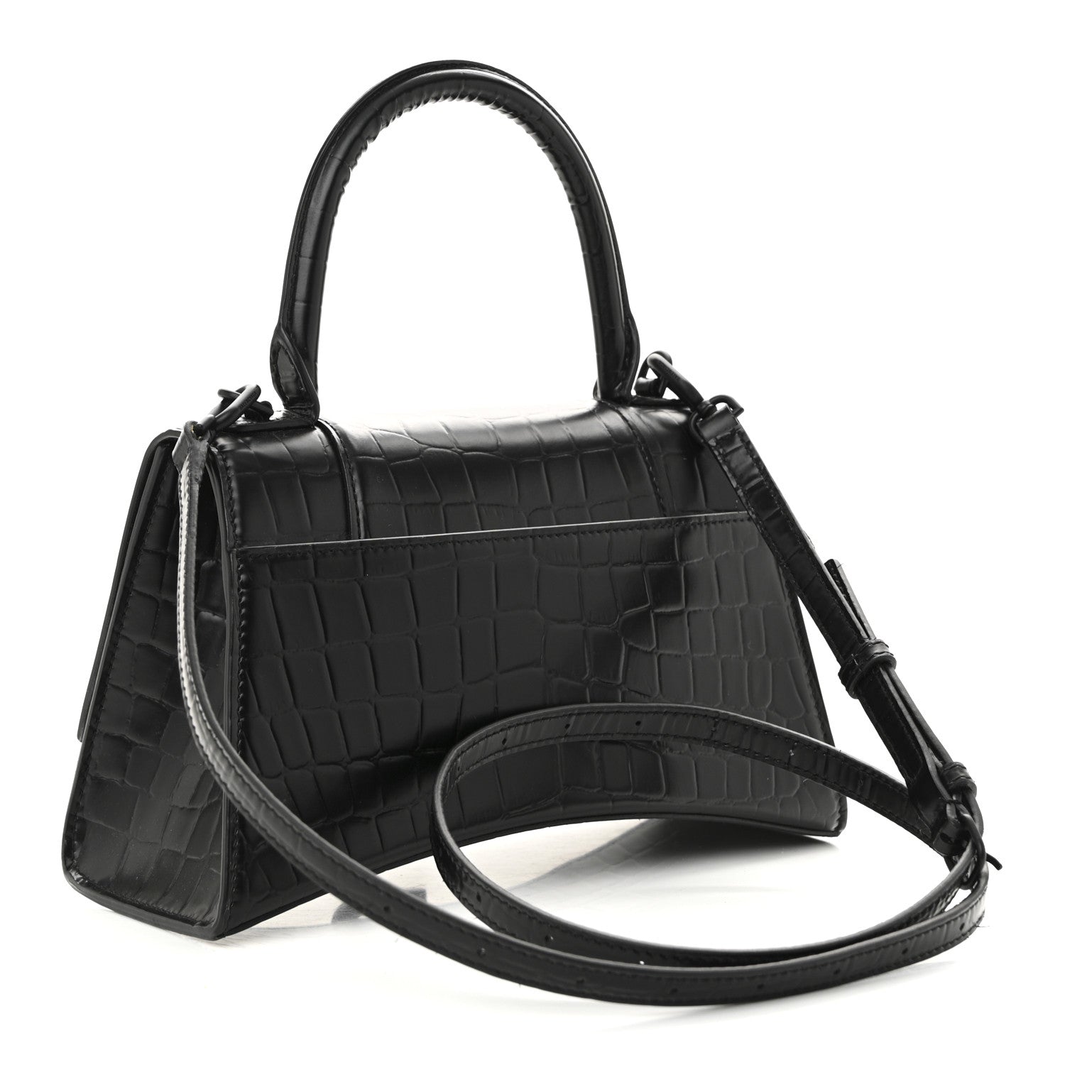 Balenciaga Semi Matte Calfskin Monochrome Crocodile Embossed Small Hourglass Top Handle Bag Black 3 of 9