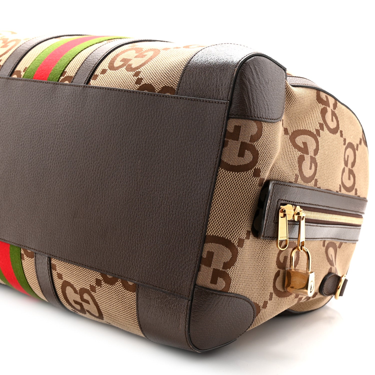 Gucci Monogram Jumbo GG Textured Dollar Calfskin Web Large Duffle Bag Camel Ebony 9 of 12