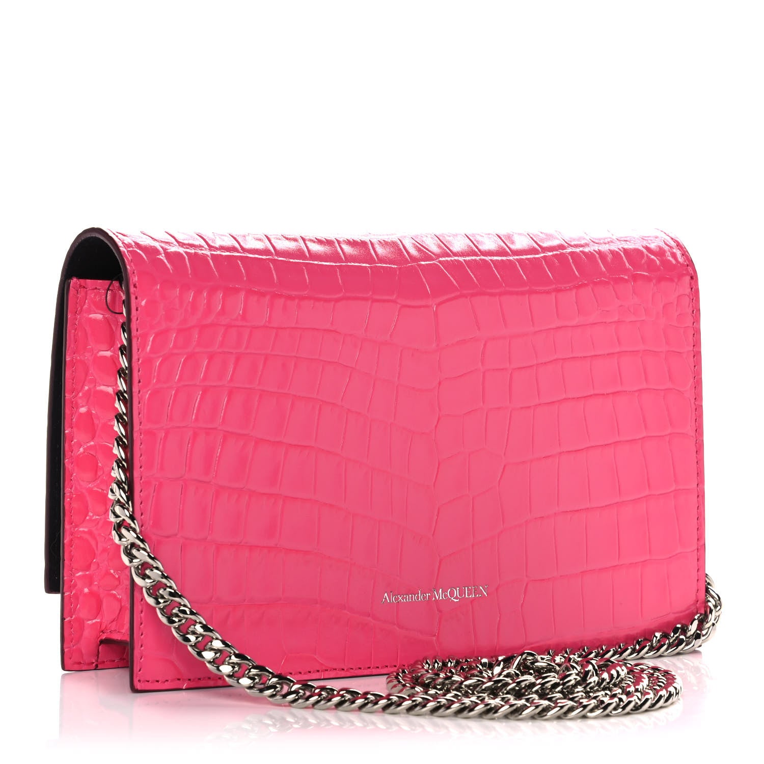 Alexander McQueen Calfskin Crocodile Embossed Skull Mini Crossbody Bag Pink 3 of 11