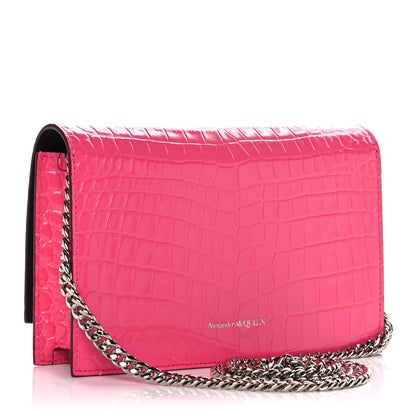 Alexander McQueen Calfskin Crocodile Embossed Skull Mini Crossbody Bag Pink 3 of 11