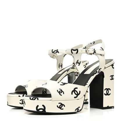 Chanel Printed Lambskin Coco Beach Platform Sandals 39 White Black 3 of 9